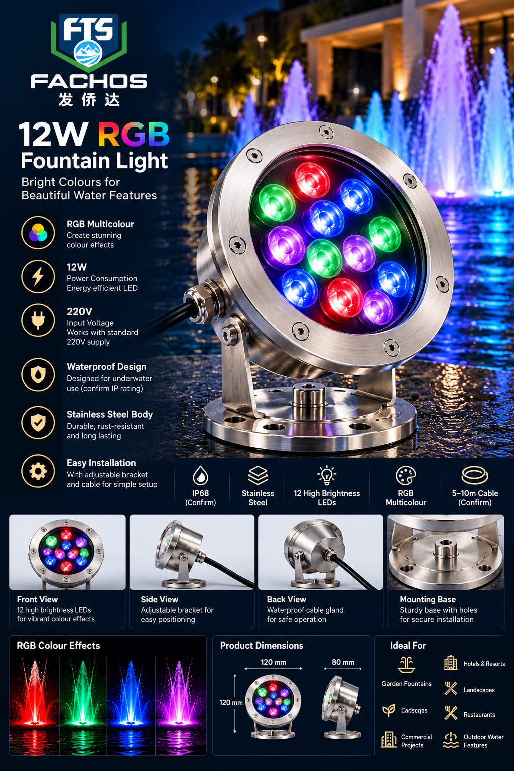 12W RGB Fountain LED Light – Colourful Water Feature Lighting | Fachos