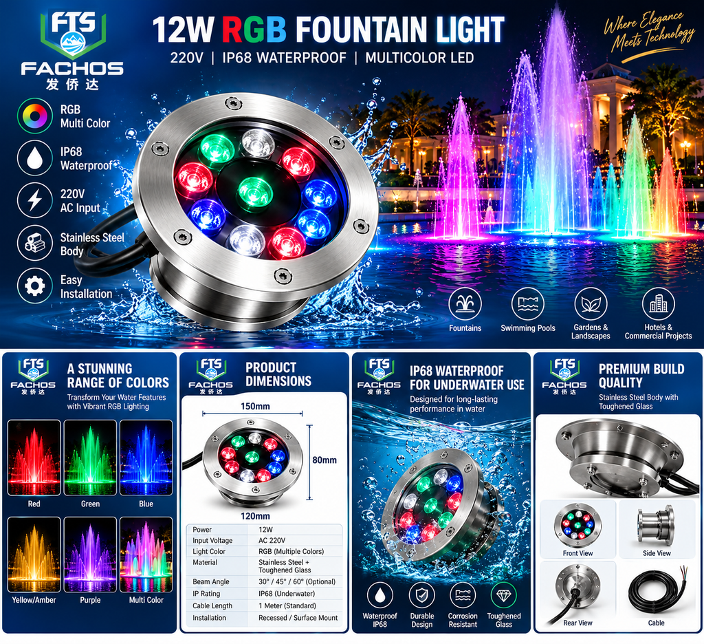 12W RGB Fountain LED Light – Colourful Water Feature Lighting | Fachos